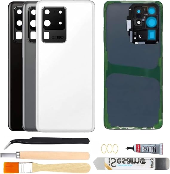 Rear Back Glass Replacement for Samsung Galaxy S20 Ultra with Camera Glass Lens + Adhesive + Repair Tool Kits (White)