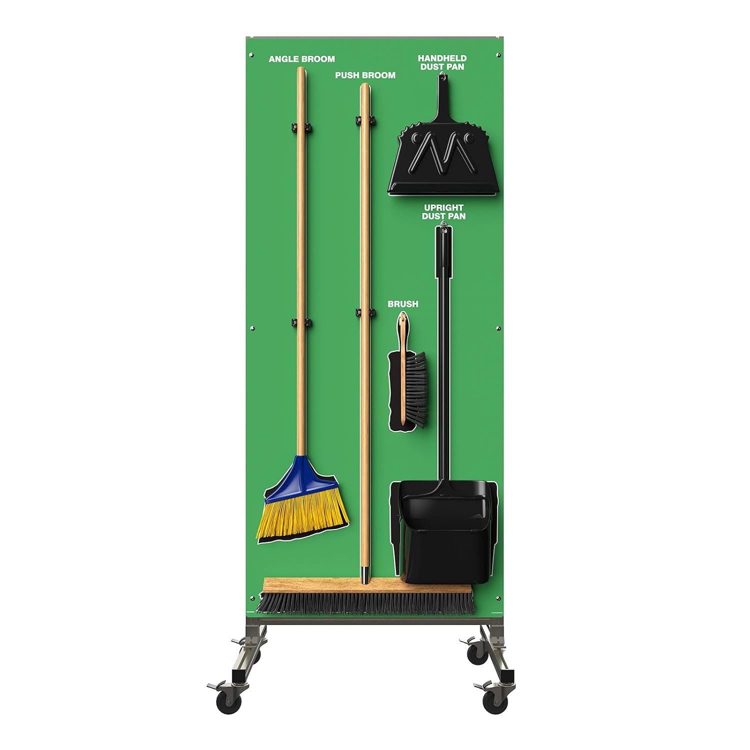 Clean & Sweep 5S Shadow BoardMobile Cart Broom Holder, 68 x 30 Board, 5S Cleaning Station - with Broom and Dustpan Set Included, Made in The USA by AccuformNMC, GreenBlack, PSX616GNBK