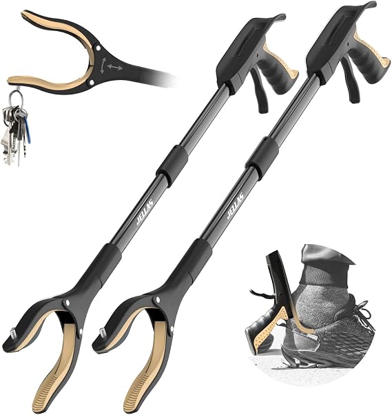 Jellas 2-Pack 32 Inch Grabber Reacher Tool with Magnetic Tip, Reacher Grabber with 360 Degrees Rotating Jaw, Grabber with Shoehorn for Elderly, Trash Picker Tool for Outdoor & Indoor (Gold)