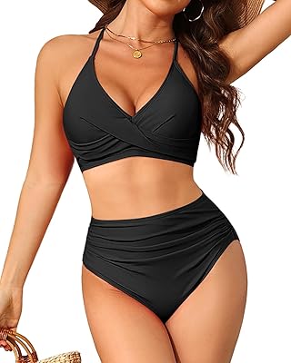 Yonique Women Two Piece High Waisted Bikini Set Halter Swimsuit Twist Front Bathing Suit with Tummy Control Bottoms