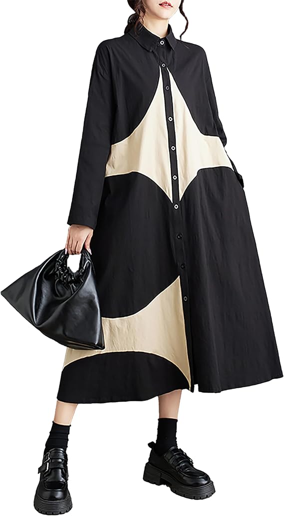 ellazhu Womens Fall Casual Patchwork Funky Long Sleeve Designer Dress Loose Blouse GY2787 A