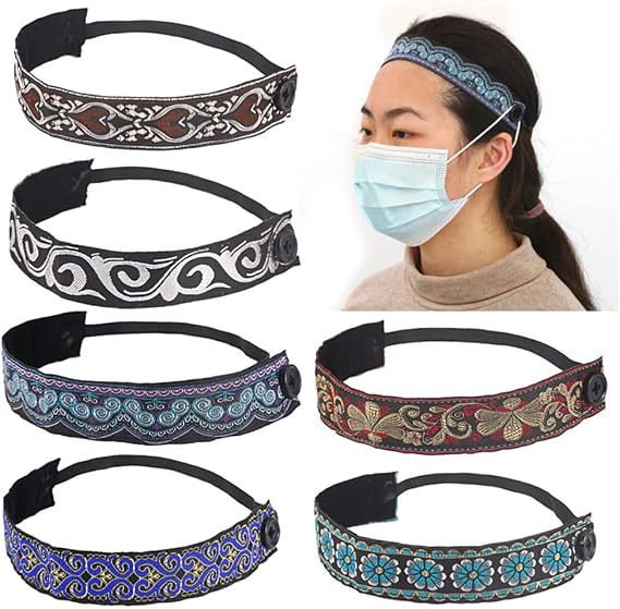 DouuYuhet Headbands with Button for Mask, 6 Pcs Boho Wide Nurses Headbands Non Slip Elastic Ear Protection for Women Men Doctors Sweatband Head Wrap (6 colors-new)