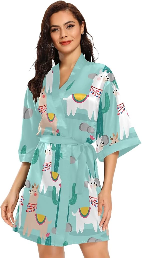 Women Half Sleeve Kimono Robe Llama Knee Length Bathrobe Summer Loungewear With Belt