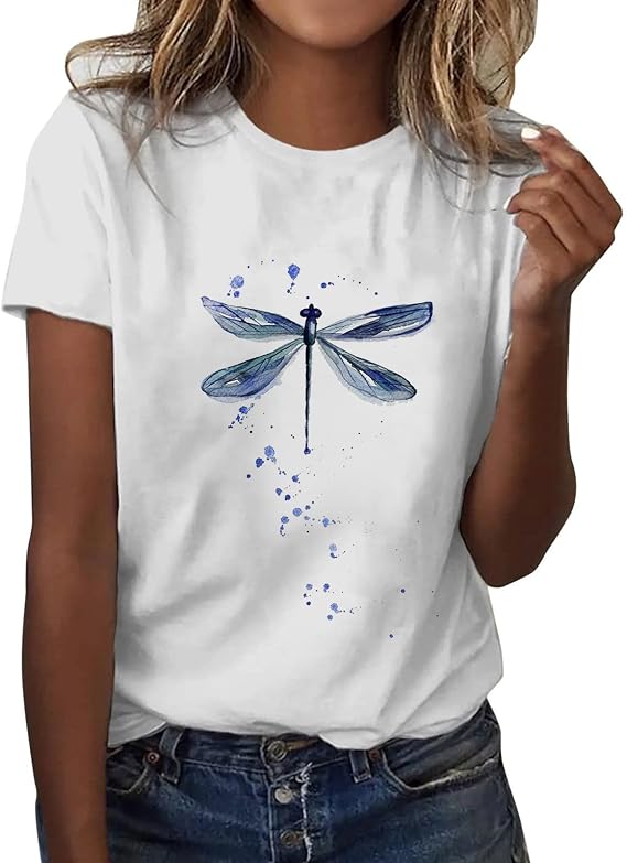 Women's Plus Size Summer Loose Tee Shirt Women's Short Sleeve Dragonfly Print T-Shirts Ladies Casual Round Neck Loose Breathable Shirt Elegant Top Cotton T Shirt, Marine, M