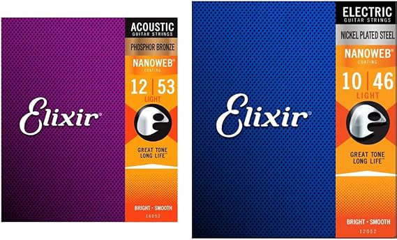 Elixir Strings Electric Guitar Strings w NANOWEB Coating, Light (.010-.046) & 16052 Strings Phosphor Bronze Acoustic Guitar Strings w NANOWEB Coating, Light (.012-.053)
