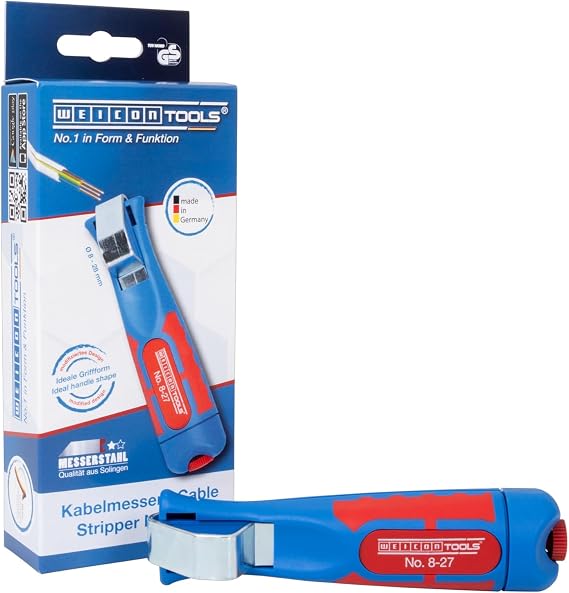 WEICON kablo bıçağı no. 8 – 27 | Abisoliermesser | Universal pensesi, ayarlanabilir kesme derinliği için | Entmantler | yuvarlak kablo çalışma alanı 8 – 28 mm Ø | Abmantler | TÜV | Mavi/Kırmızı |% 100 Made in Germany