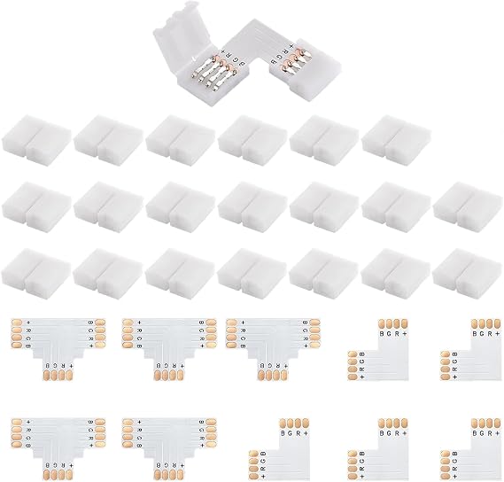 10 PCS LED Strip Light Connectors, 4-Pin, 10mm, L and T Shape Kit | Twenty connector clips, solderless gapless adapter, for SMD 5050 3528 RGB strips, right angle, practical, secure fit [Energy Class A]