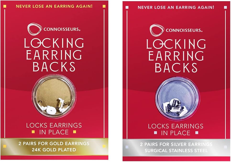 CONNOISSEURS Locking Earring Backs - Hypoallergenic Earring Backs for Studs, Hoops, and More - Never Lose an Earring Again