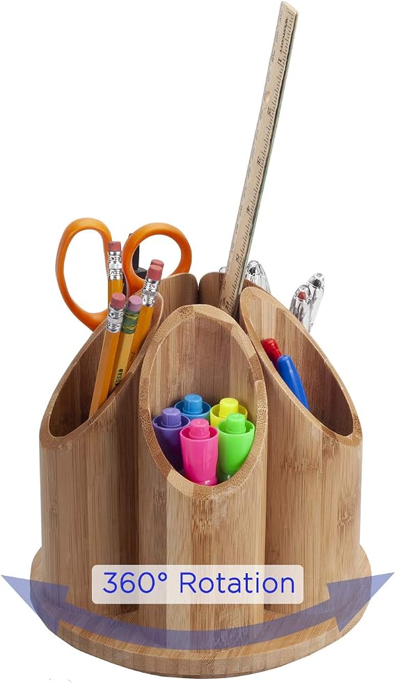 MobileVision Bamboo Rotating Office & Art Supply Organizer 5 Circular Compartments for Pens, Pencils, Highlighters, Markers, Scissors, Accessories & More