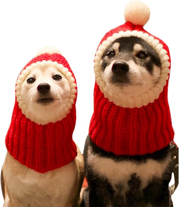 NACOCO Christmas Dog Hat Crocheted Snood Funny Pet Cap with Pompon Red Green Warm Winter Dog Hat Knit Snood Headwear for Pets & Women & Men (Red, S)