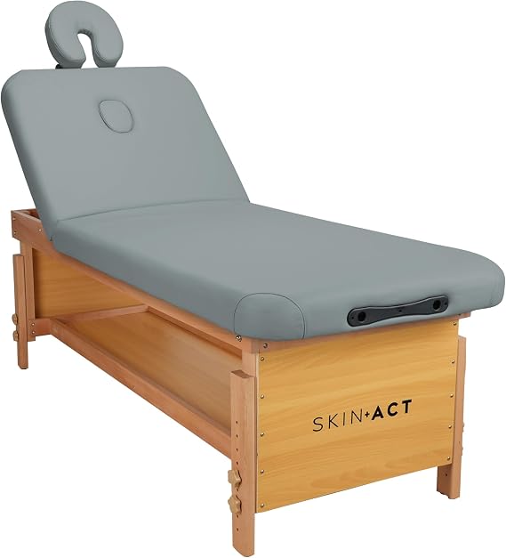 SKINACT Elegance Spa Massage & Facial Table, Stationary Treatment Bed with Adjustable Backrest, Adjustable Height, Removable Face Cradle, Storage Shelf, 400 lb Capacity, 3-Inch Cushion, Gray