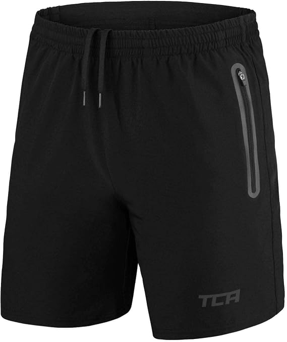 TCA Elite Tech Men Gym Athletic Workout Running Shorts for Men with Zipper Pockets - Black Stealth, Medium