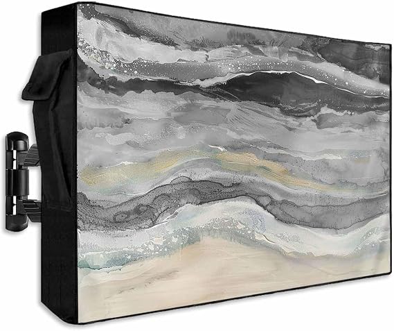 Outdoor TV Cover 30-32 Inch Weatherproof, Grey Coastal Outdoor TV Enclosure with Zipper & Roll Up Front Flap, Summer Beach Nautical Abstract Art Waterproof TV Covers for Outside Flat Screen TV