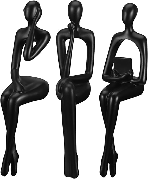 Kichvoe Pack of 3 Modern Resin Figures Abstract Figure Abstract Statue Sitting Thinker Shelf Decor for Bookshelf Office Desk Living Room (Black)