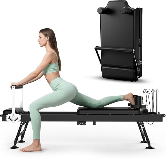 KEY2FUN Pilates Reformer, Foldable Reformer Pilates Machine with Adjustable Reformer Heights, Up to 440 LBS Weight Capacity Suitable for Home Use and Studio, Advanced and Beginners Users