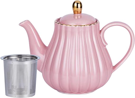 Jusalpha Pink Porcelain Teapot with Removable Stainless Steel Infuser, Blooming & Loose Leaf Teapot, Home Decor - 28 Ounce (Pink, 28 OZ)