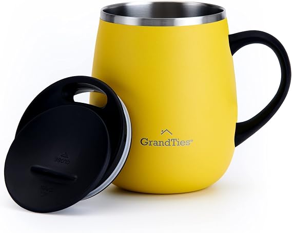 Grandties Thermo Kaffeebecher mit Griff - Schiebedeckel für Spritzschutz 460 ml  Zitrone Gelb (Lemon)