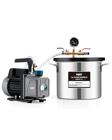 ORION MOTOR TECH 7.6L Vacuum Chamber with Pump Kit, 3.5 cfm Vacuum Pump and Chamber Kit with Tempered Glass Lid 5 ft Hose, Vacuum Degassing Chamber Kit for Stabilizing Wood Degassing Silicone Resin