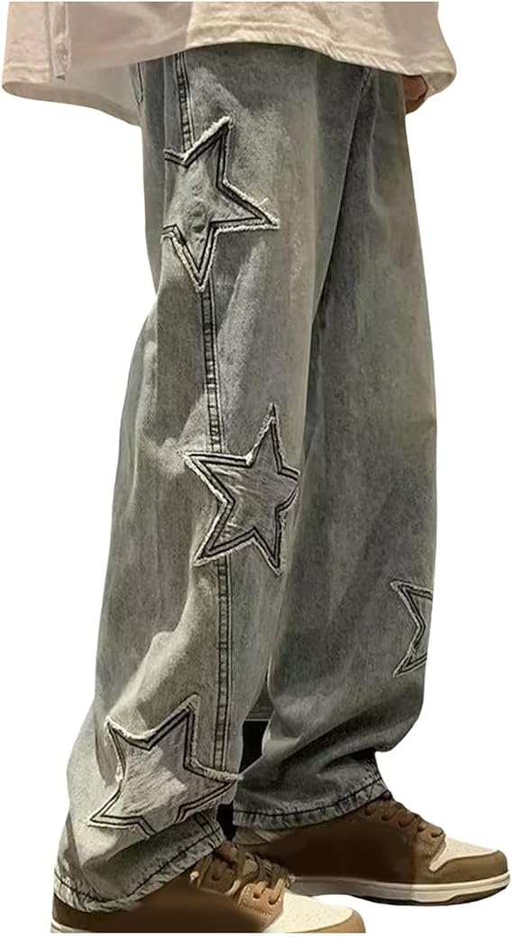 Mens Baggy Y2k Jeans Fashion Hip Hop Streetwear Star Denim Pant High Waisted Straight Leg Aesthetic Relaxed Jean Pant