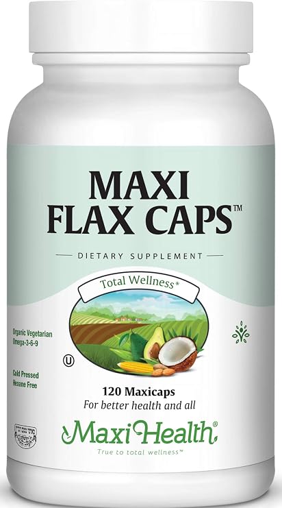 Maxi Flax Caps Organic Flaxseed Oil, Omega 3, 6, 9 - Cold Press - Hexane Free, 700 mg Kosher, 120 caps