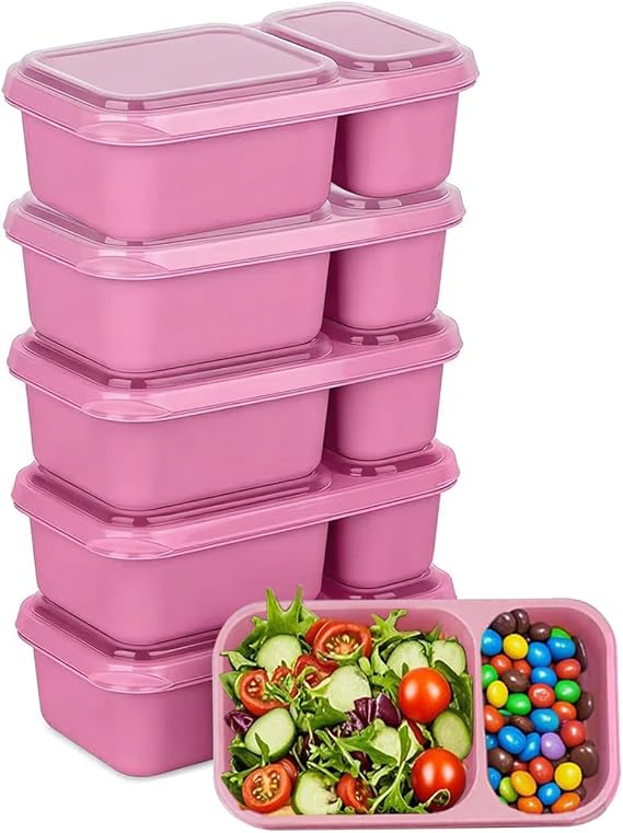 6 Pack 2-Compartment Reusable Snack Containers with Lids, Reusable Snack Packs for Meal Prep Food Storage On-the-Go Snacking (6 Pack Pink)
