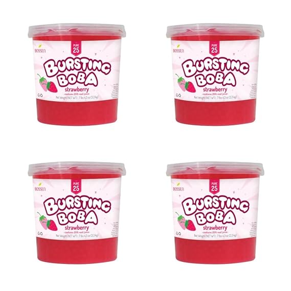 Bossen Bursting Boba Pure25 filled with a refreshing fruity liquid that creates a burst of flavor in your mouth Make in Taiwan 7.04 lb Each Pack (4 packs, Strawberry)