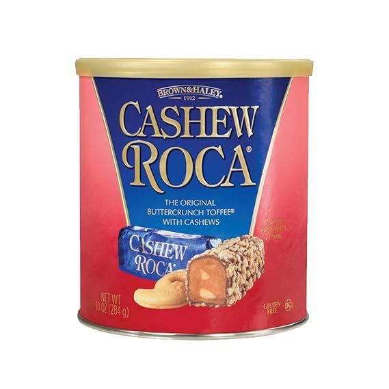 Brown & Haley CASHEW ROCA Canister, Individually Wrapped Buttercrunch Toffee with Cashews, 10 Ounces (Pack of 1) | Cashew Buttercrunch Toffee - Individually Wrapped Chocolate Candy - Gluten Free, Kosher - Gifts, Sharing, Candy Dishes