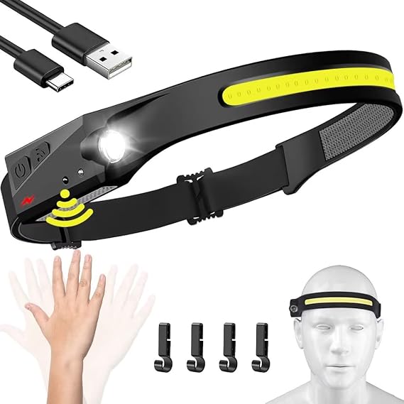 Headlamp Rechargeable, 230 Wide Beam Head Lamp LED with Motion Sensor for Adults - Camping Accessories Gear, Waterproof Head Light Flashlight for Hiking, Running, Repairing, Fishing, Cycling