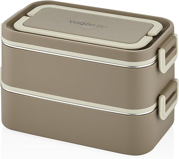 Beslenme Kutusu Paslanmaz Çelik - 2000 ml Çorba (Yoğurt) Kaseli 2 Katlı Yeni Nesil Sefer Tası Lunch Box (Kahve)