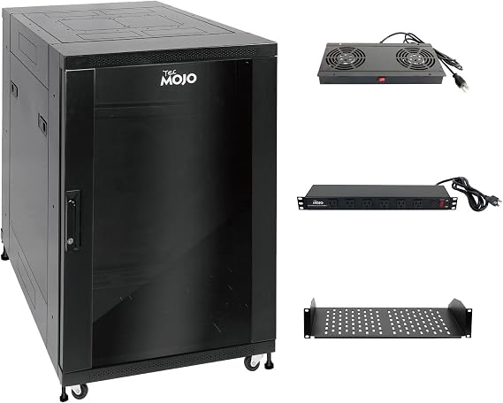 Tecmojo Fully Assembled 18U Network Cabinet AV Rack Black Equipment Rack Enclosure with Casters/Locking Doors with Dual Fan, PDU and Cantilever Shelf Installed (23.6inch DEEP Glass Door)