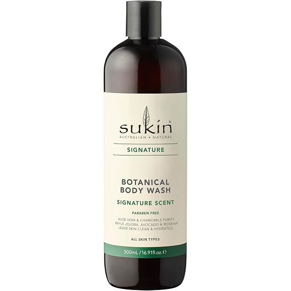 Sukin Signature Body Wash Soap-Free Botanical Shower Gel with Moisturizing Rosehip, Jojoba, and Avocado Oils + Soothing Aloe Vera and Chamomile, 16.9 Fl Oz