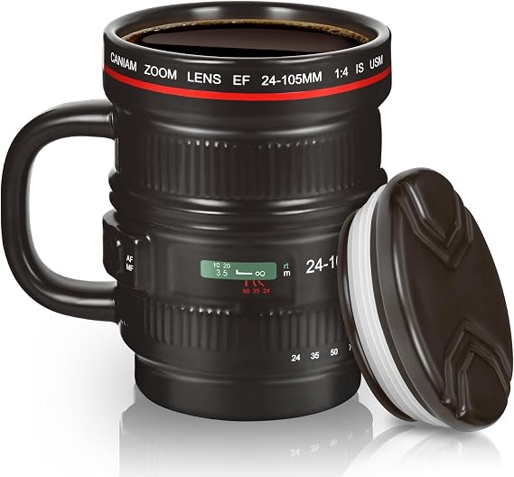 Cabtnca 16Oz Camera Lens Coffee Mug, Cool Photography Gifts for Photographers Christmas, Funny Ceramic Coffee Mug with Lid and Handle