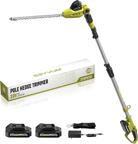 SEYVUM 20V 20 inch Cordless Pole Hedge Trimmer, 9 Feet Reach, Electric Hedge Trimmer with Extension Pole for Shrubs Pruning, Multi-Angle (2 Packs 2.0Ah Batteries and Charger Included)