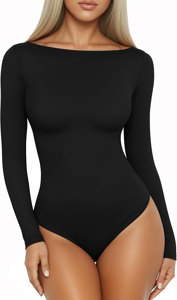 MANGOPOP Women's Boat Neck Long Sleeve Thong Bodysuit Basic Fall Top 2026