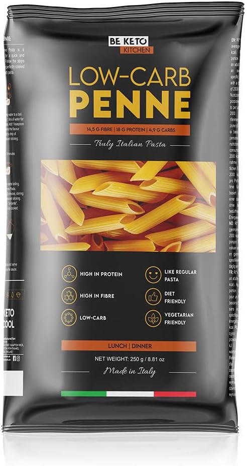BeKeto Low-Carb Penne Pasta 250g - 86% Fewer Carbs Than Regular Pasta - High Protein, High Fibre - Keto Friendly, Gluten Free, Vegan