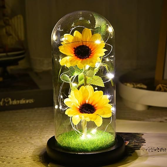 Artificial Sunflower in Glass Dome Gifts with Led Light Strip Enchanted Sunflower Lamp Home Decor Romantic Gifts for Valentines Day Mothers Day Birthday Anniversary Christmas Thanksgiving (Yellow) [Energy Class A+++]