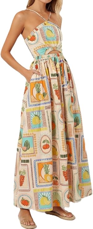 Kuraki Women's Classy Maxi Print Halter Dress with Pockets
