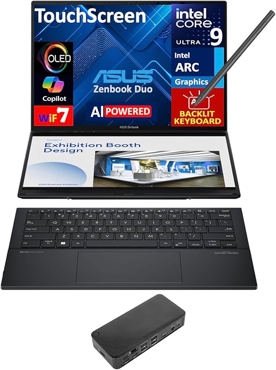 ASUS Zenbook Duo AI Powered 2-in-1 Laptop 14.0" Touchscreen OLED 2.8K Display (Intel Ultra 9-285H, 32GB LPDDR5X, 2TB PCIe SSD, Active Pen, Backlit KB, 2 Thunderbolt 4, Win 11 Home) w/USB-C Dock