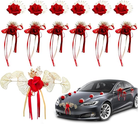 OLizee 13 Pcs Red Wedding Car Decorations Kit, Artificial Rose Flowers with Suction Cups and Ribbons for Car Hood, Door Handle, Mirror, Wedding Party and Anniversary Decor