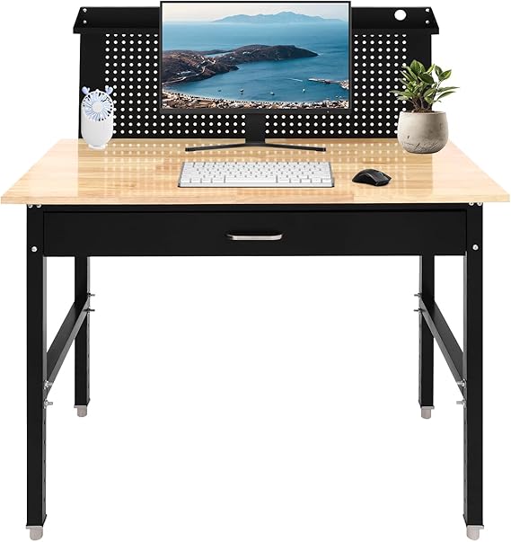 Adjustable Workbench, Heavy Duty Rubber Wood Worktable Mobile Tool Storage Workstation with Drawer Storage, Rubberwood Work Table 7 Height Adjustment Holes