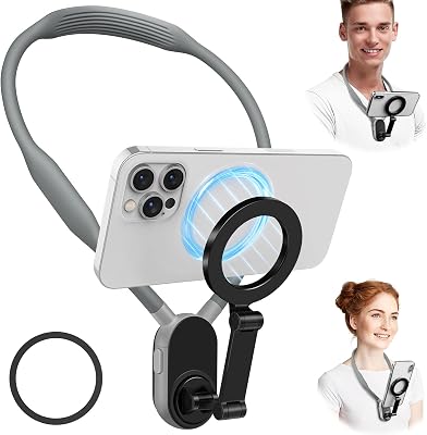 Magnetic Neck Phone Holder Cell Phones Mount, Hand Free POVVlog Flexible Phone Neck Holder Around Chest Stand Video Recording Fit for iPhone 15 14 13 12 Pro Max Plus Mini Grey
