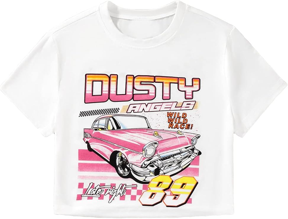 OYOANGLE Women's Car Letter Graphic Short Sleeve Round Neck Casual Crop Top