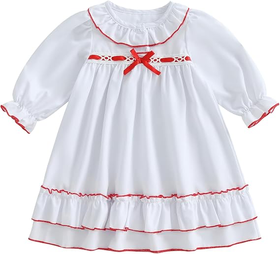 FULA-bao Baby Girls Christmas Nightgowns Pajamas Dress with Red Ribbon Bow Ruffle Midi Dress Princess Dresses Pjs Nightdress