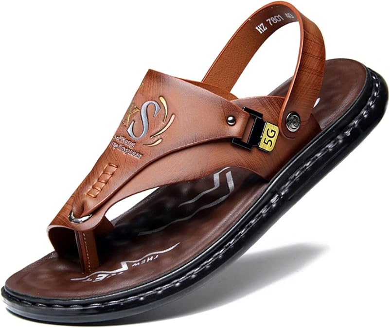 Mens Leather Slip On Flip Flop Sandals Comfort Toe Ring Anti Slip Slippers For Vacation Beach Indoor & Outdoor Daily