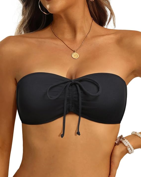 Tempt Me Women Strapless Bandeau Bikini Top Swim Bra | Non-slip, Built-in Soft Cups for Support, Adjustable Drawstring Front Tie with Bowknot, Halter Convertible Style