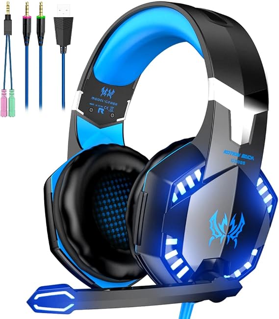 VersionTECH. G2000 Gaming Headset, Bass Surround Gaming Headphones with Noise Cancelling Mic, LED Lights, Soft Memory Earmuffs for PS5/ PS4/ Xbox One Controller/Laptop/PC/Mac/Nintendo NES Games-Blue