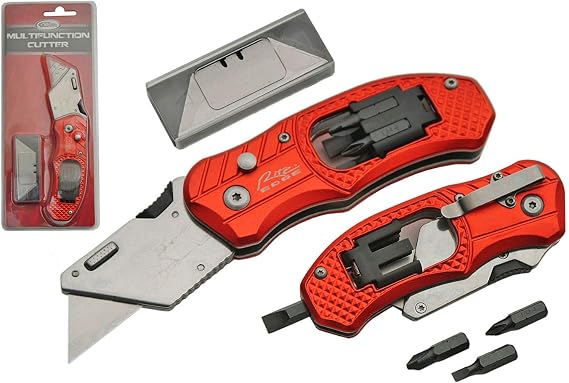 SZCO Supplies Multifunction Utility Cutter - 6.5" Red Aluminum Box Cutter with Screwdriver Bits, Extra Blades, Pocket Clip, and Anti-Slip Grip