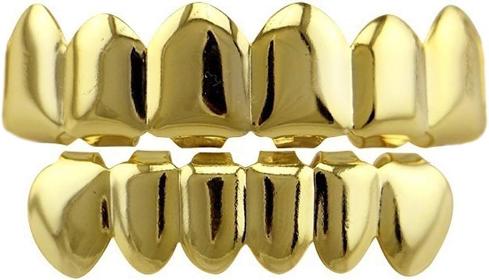 24K Gold Plated Hip Hop Teeth Grillz Punk Custom Fit Teeth Grillz Caps Top & Bottom Grill Set Removable Hip Hop Mouth Grills For Women Men Gift Halloween Party Photo Fancy Dress Accessories