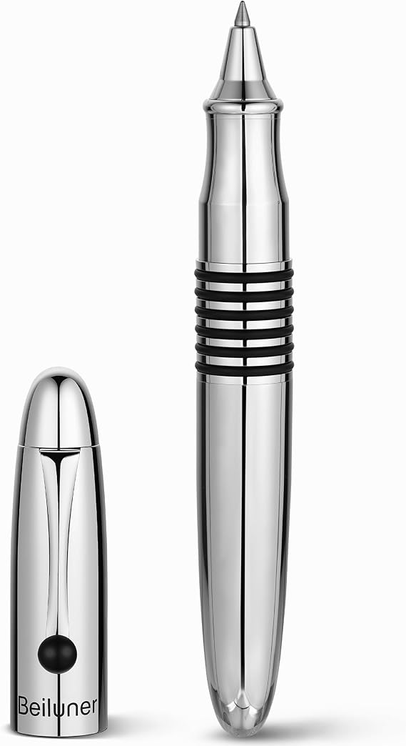 BEILUNER 320 Luxury Rollerball Pen, Polished Chrome Metal Body with Schmidt Ink Refill, Heavy Weight EDC Executive Gift Set for Men & Women, Professional Office Pen - Silver Chrome