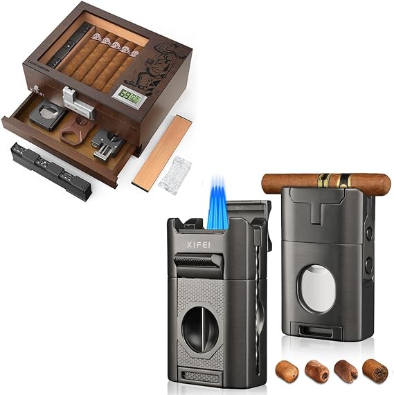 XIFEI 6-in-1 Desktop Cigar Torch Lighter and Cigar Humidor Box with Digital Hygrometer, Accessories Drawer and Combination Lock
